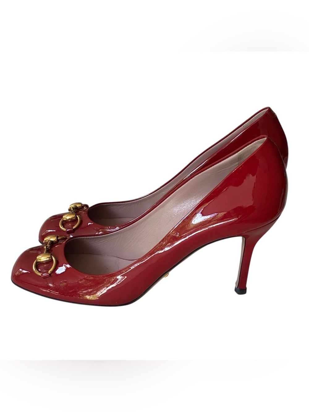 Gucci Red Patent Leather Classic Gold Horsebit Closed Toe Pump Heel Size US 10 - Picture 9 of 15